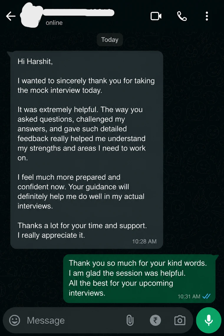 A client message after a mock interview session, thanking Harshit for detailed feedback