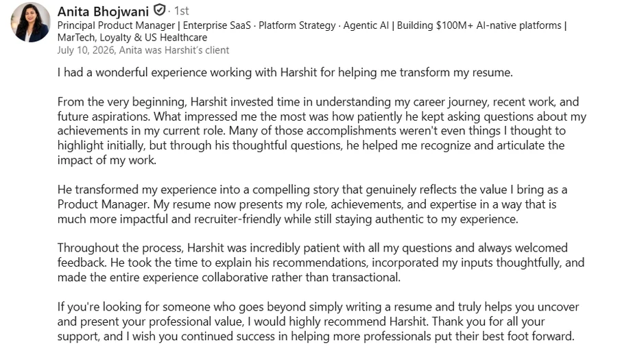 LinkedIn recommendation from Anita Bhojwani, Principal Product Manager