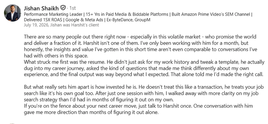 LinkedIn recommendation from Jishan Shaikh, Performance Marketing Leader