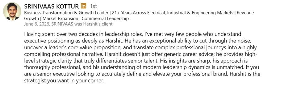 LinkedIn recommendation from Srinivaas Kottur, Business Transformation and Growth Leader