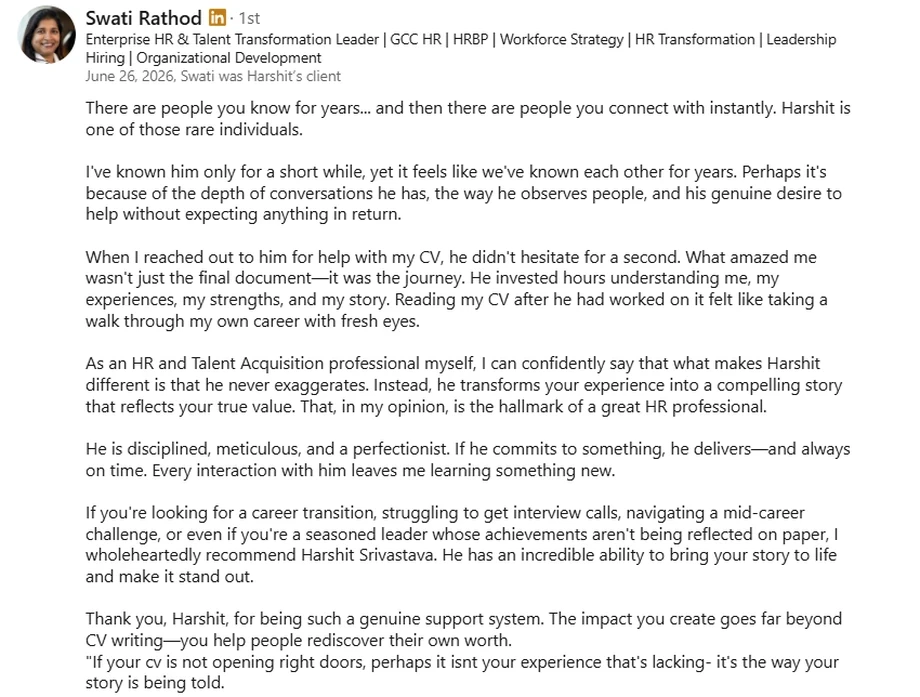LinkedIn recommendation from Swati Rathod, Enterprise HR and Talent Transformation Leader