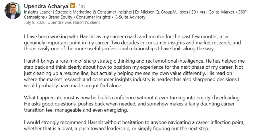 LinkedIn recommendation from Upendra Acharya, Insights Leader